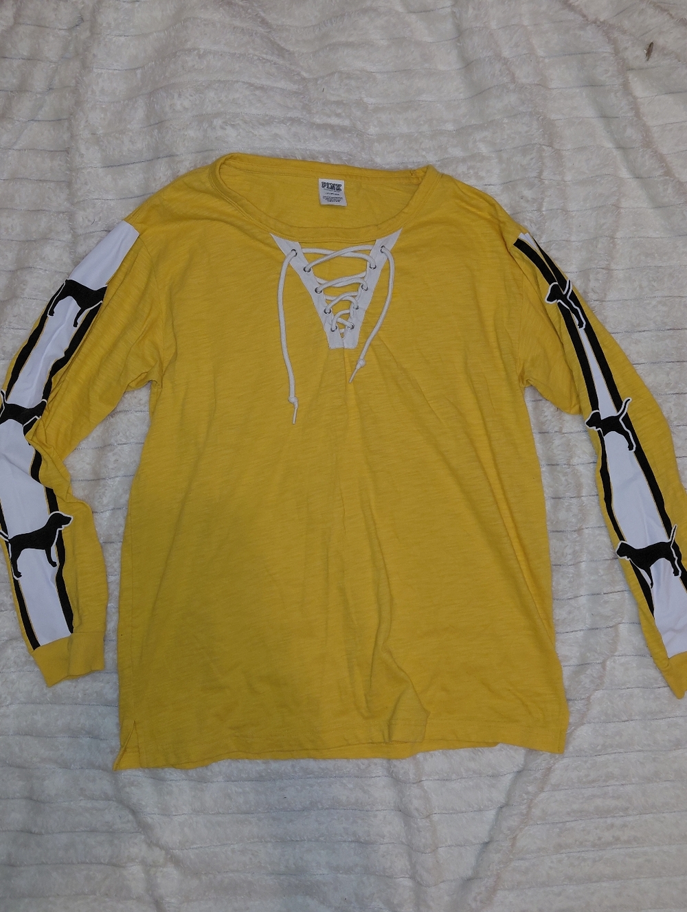 PINK VS Lace Up V Neck Mustard Yelloe Logo Long Sleeve T Shirt